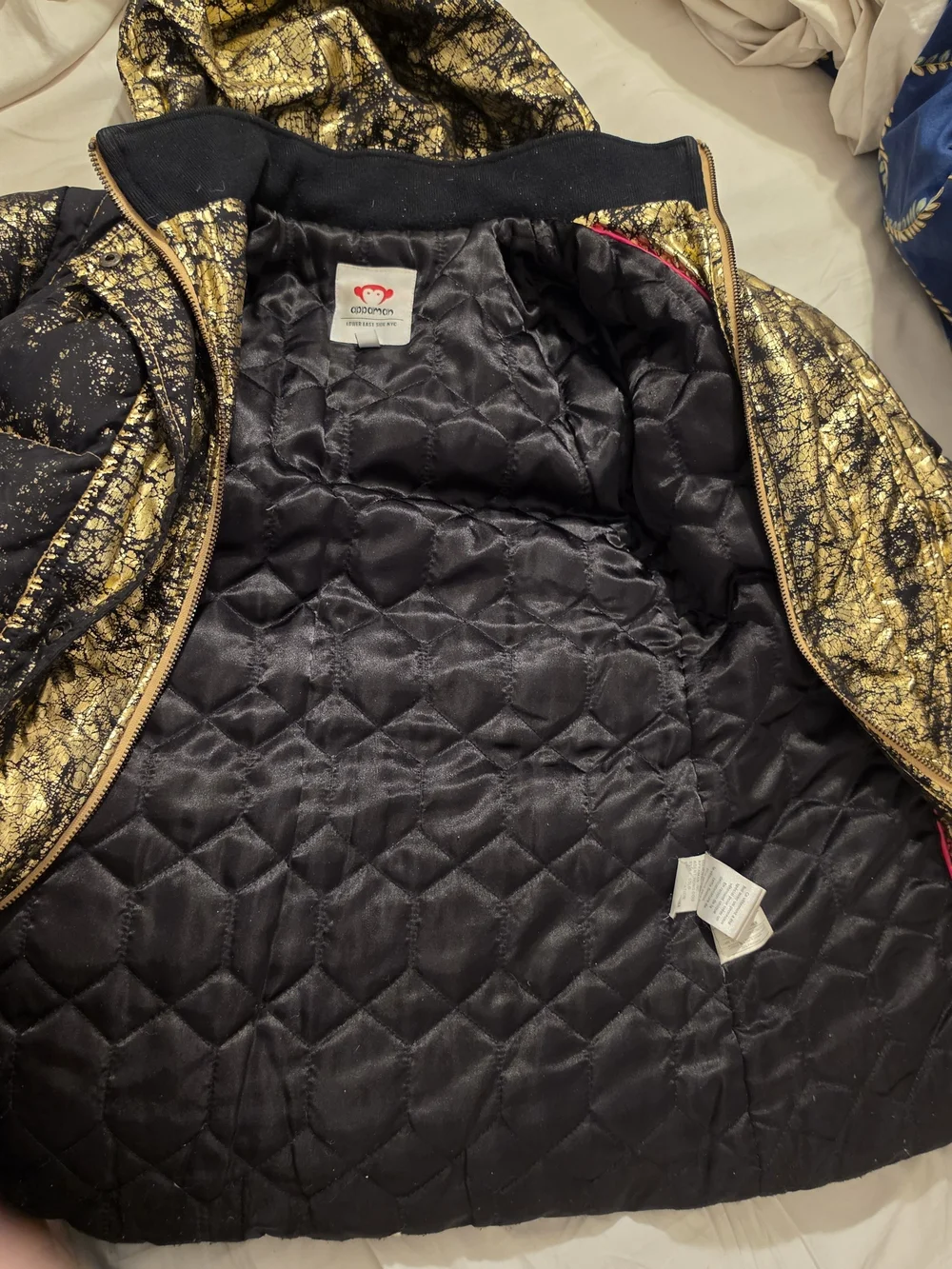 Appaman Girls Size 7 Black Gold Foil Long Puffer Coat Hooded Metallic